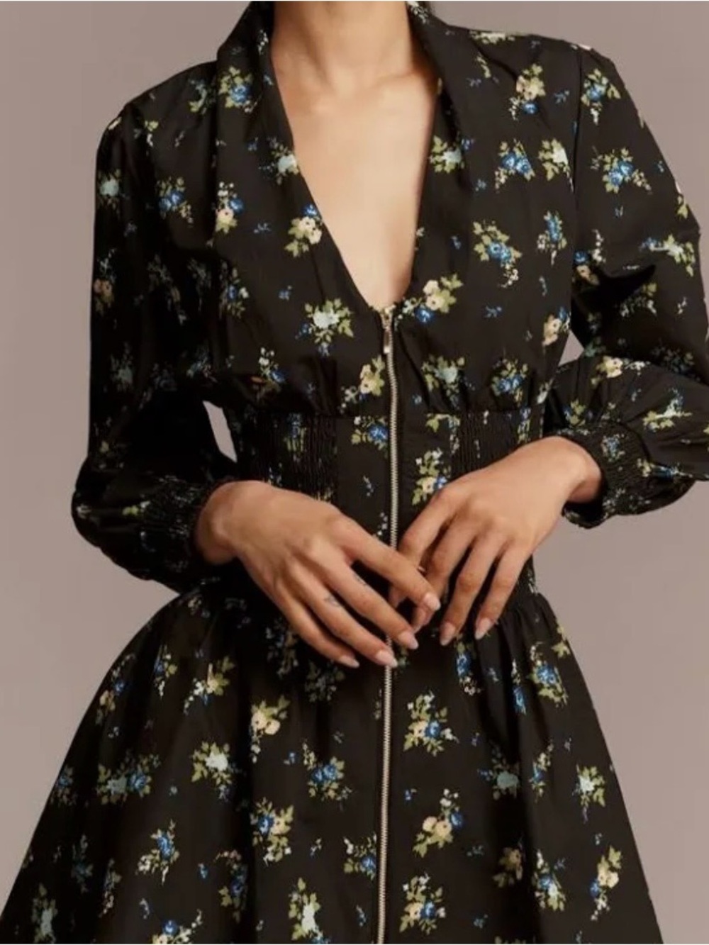 NWT Anthropologie Black Floral Long-Sleeve Zip Dress